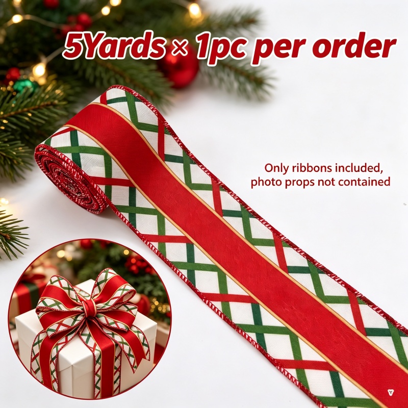 TEMU Ruban de Noël à bord filaire de 5 yards (6,3 cm / 2,5 pouces), ruban à rayures et à carreaux blancs pour emballage cadeaux, fabrication de