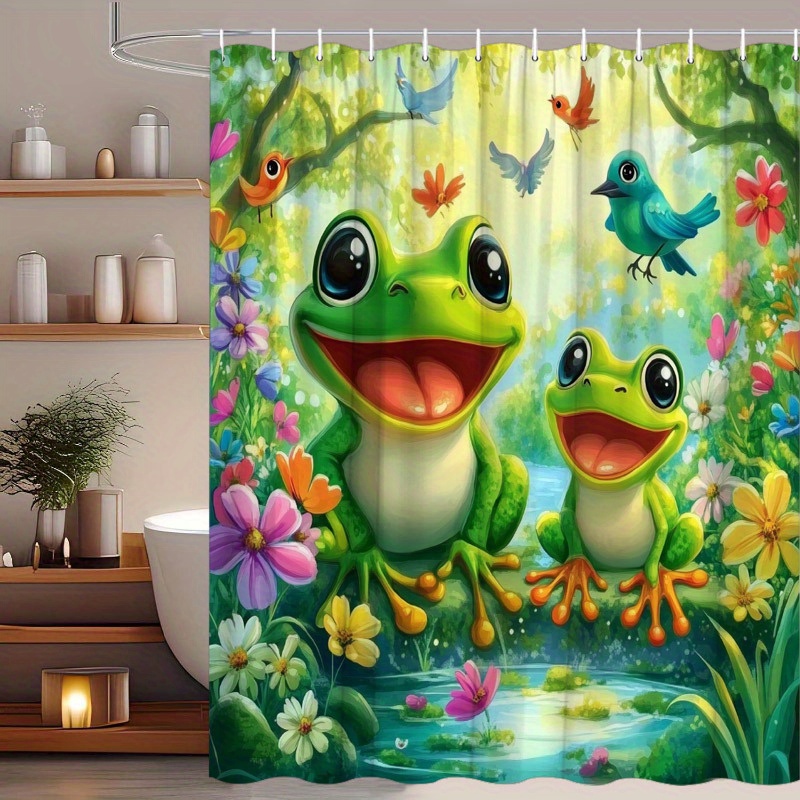 TEMU 2d Flat, 2d Flat, 1pc Of Frog Shower Curtain For The Garden Featuring Frogs Surrounded By Colorful Flowers And Birds, Made Of Polyester Fabric,