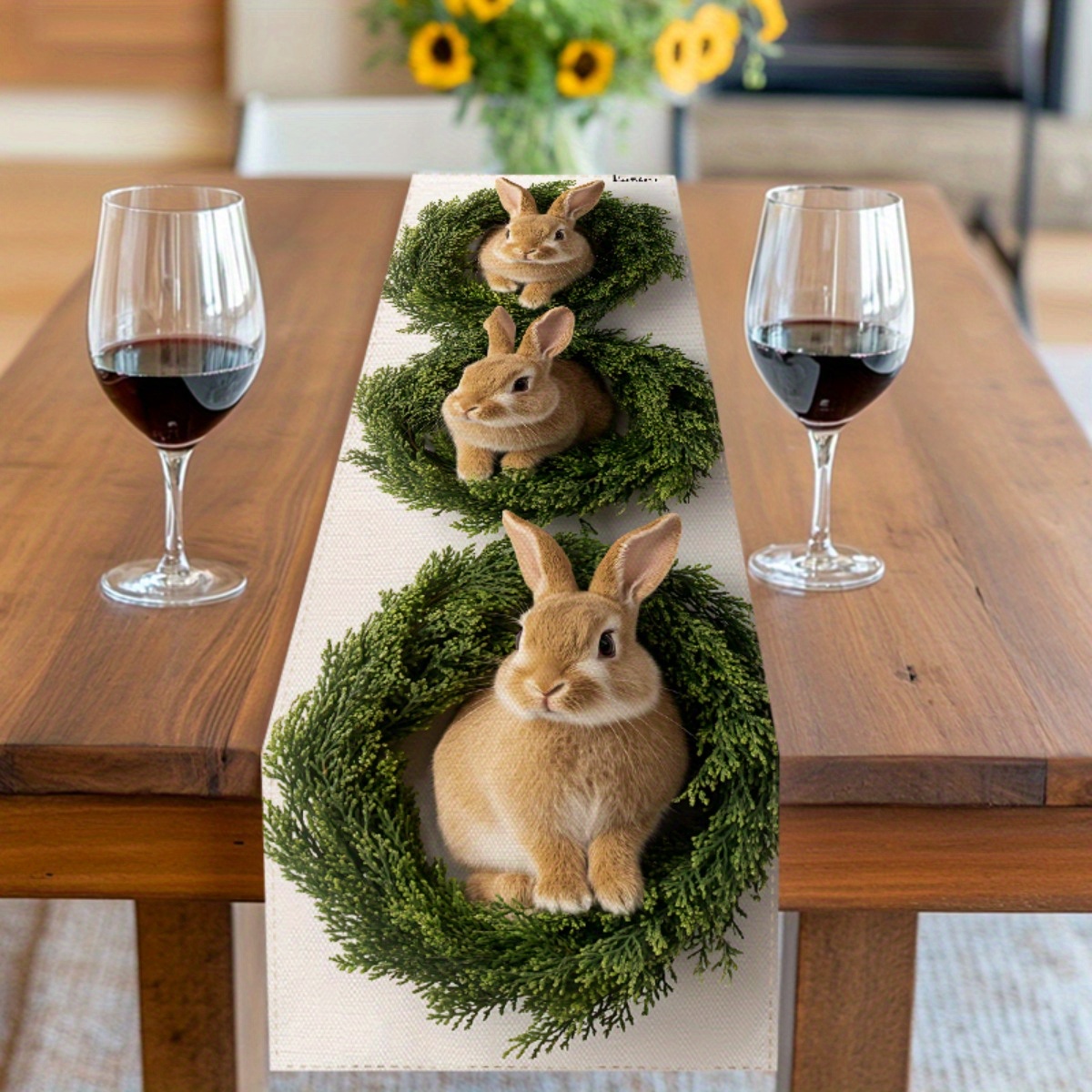 TEMU . & Grünes Gras Tischläufer - Entzückendes Kaninchen-Design mit Kranzausschnitten, Polyesterstoff, für Innen-/Außeneinsätze, Picknicks, Camping,