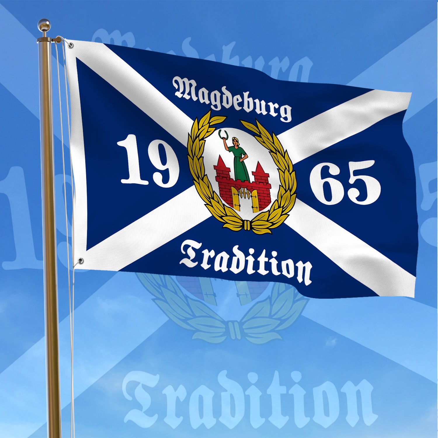 E-shop Magdeburger Traditionsflagge - 1965 Einseitige Langlebige Polyester-Banner mit Kreuz- & Schloss-Design, Blau-Weiß Gestreiftes Muster für Feste,