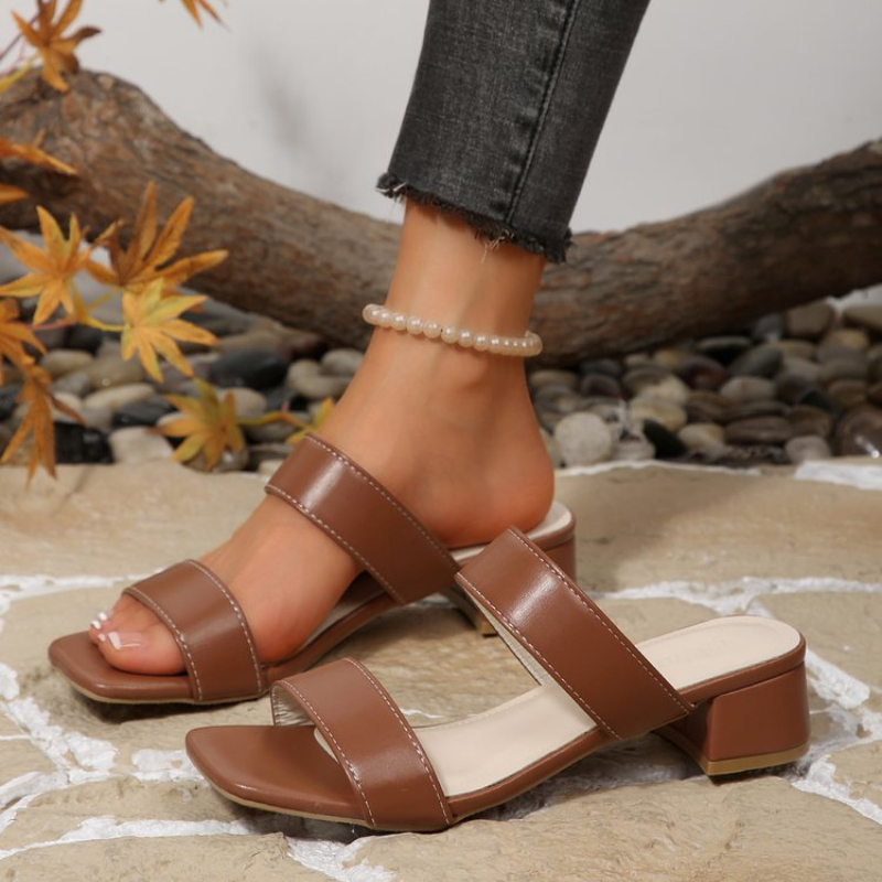 Image of Women' Retro Square-toe Double-strap Chunky Mid-heel Slide Sandals - Slip- Suitable For Commuting, Casual & Office Wear, Cushioned Sole & Sole For Durability, Summer Footwear, Women Shoes