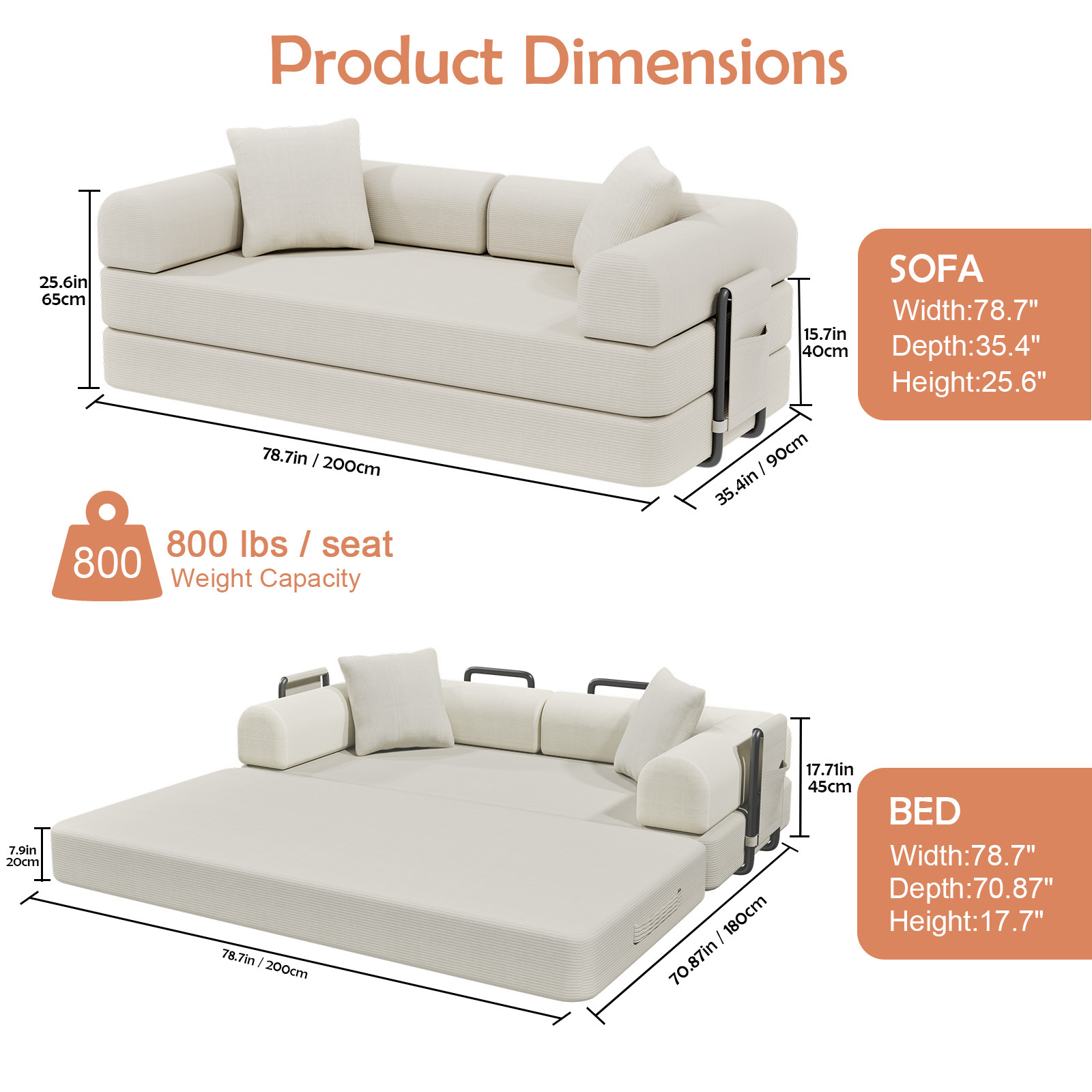 78-inch Modern Corduroy Sofa Bed with High-Density Foam - Convertible Sleeper Suitable for Guest Room, Home Office, Dorm, Space-Saving Folding Bed, Assembly, Corduroy Upholstery for Small Apartments & Multifunctional Furniture