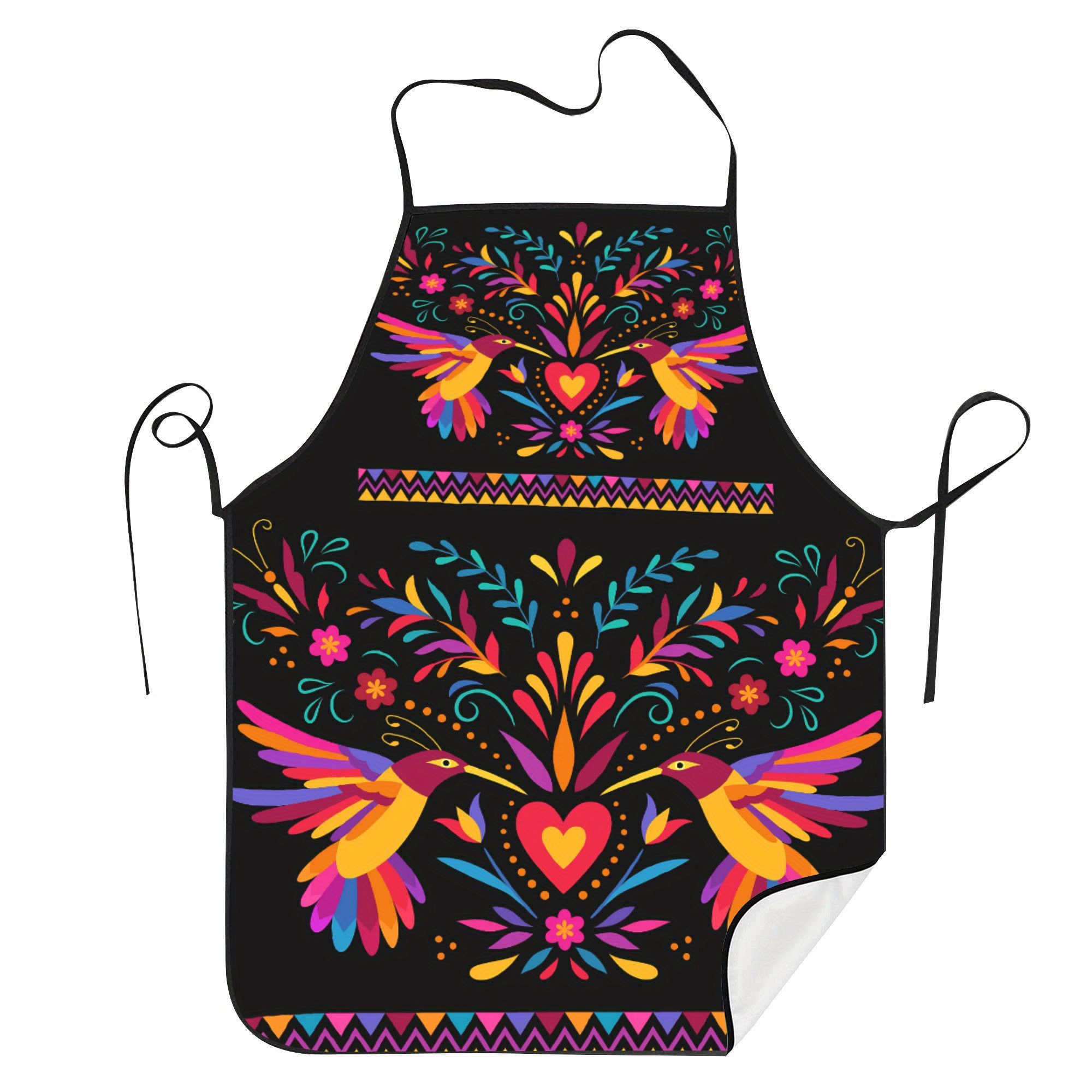 

Mexican Style Apron - Vibrant Floral & Bird Print, 100% Polyester, Hand-washable With Adjustable Neck & Waist Straps, Cooking & Restaurant Use