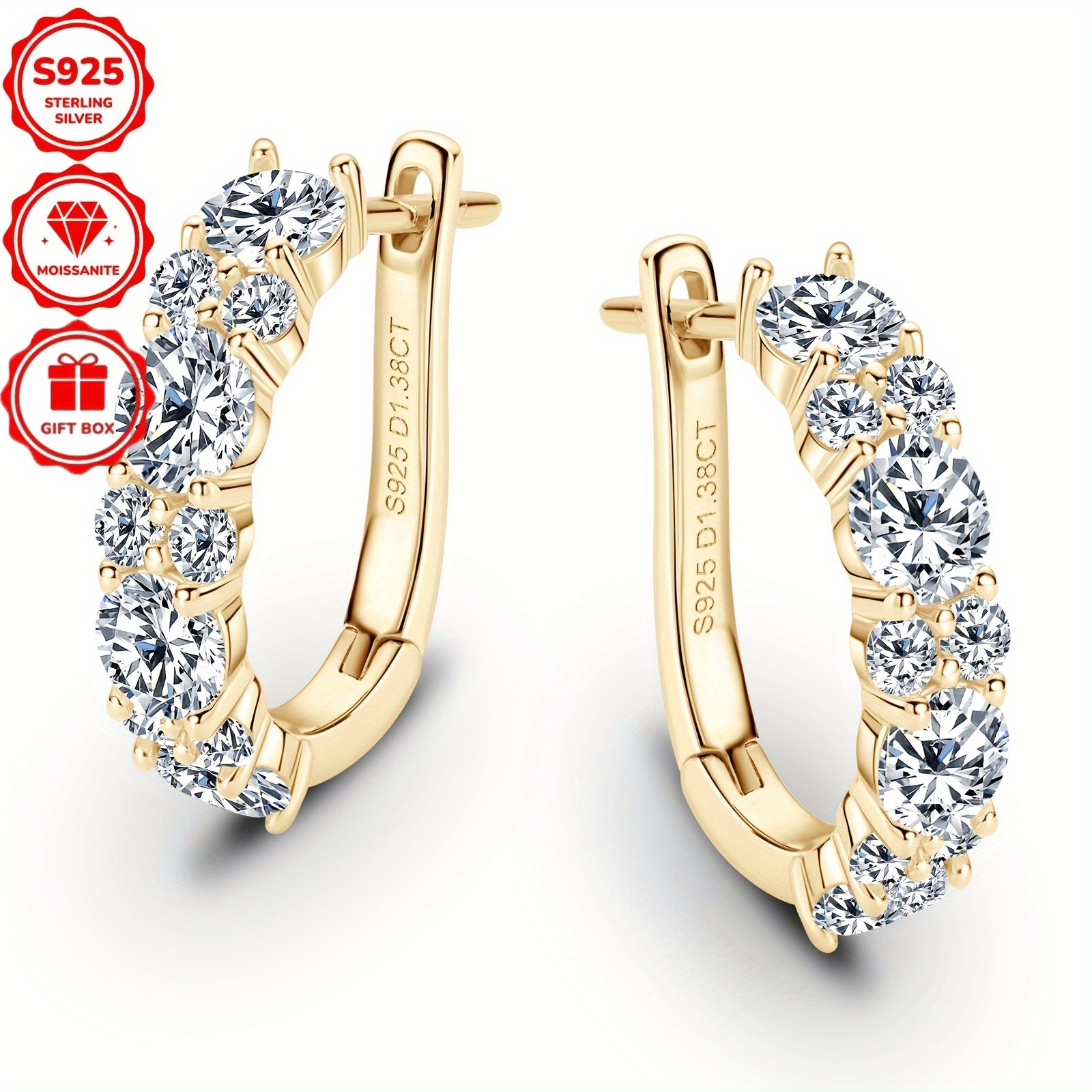 TEMU S925 Sterling Silver Fashionable And Elegant Earrings, 4 Millimeters * 8pcs, 2 Millimeters * 12pcs, 1.38 Carats * 2pcs. 1 Pair Of Moissanite