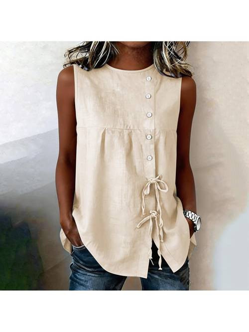 item picture womens sleeveless tank tops casual drawstring knot decorative sleeveless button neck casual tunic top with drawstring