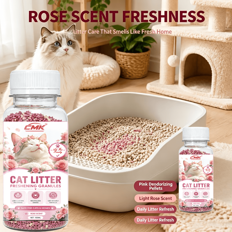 100ml cat litter deodorizing fragrance   suitable for   of all types of litter boxes   a gentle rose     neutralizes litter odors simply sprinkle     litter or mix with cat litter Product details 3