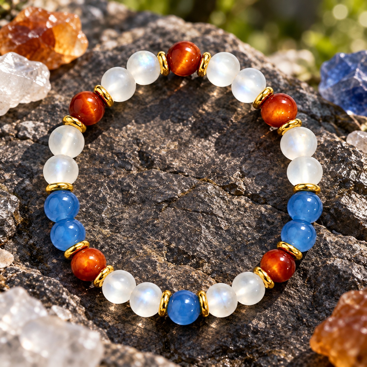 Wealth Attraction Bead Bracelet with Moonstone & Tiger's Eye