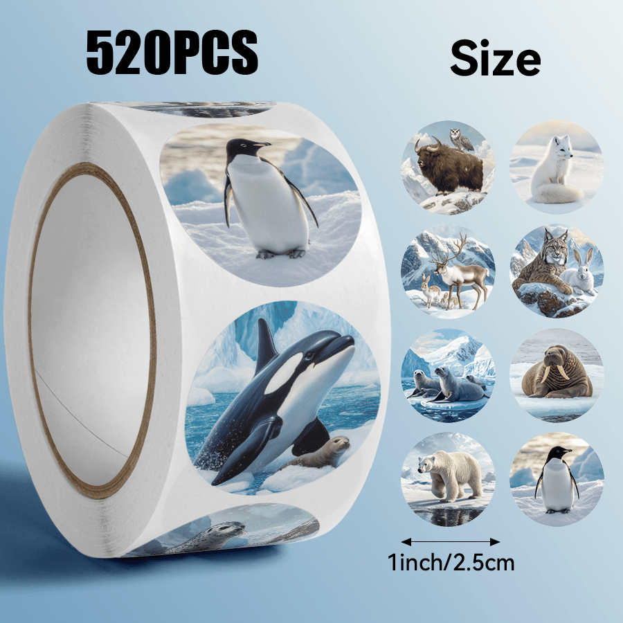 TEMU 520pcs/roll, Polar Animal Round Sticker Roll, Cute Animal Patterns, Suitable For Tablets, Phone Cases, Notebooks, Product Packaging, Skateboards
