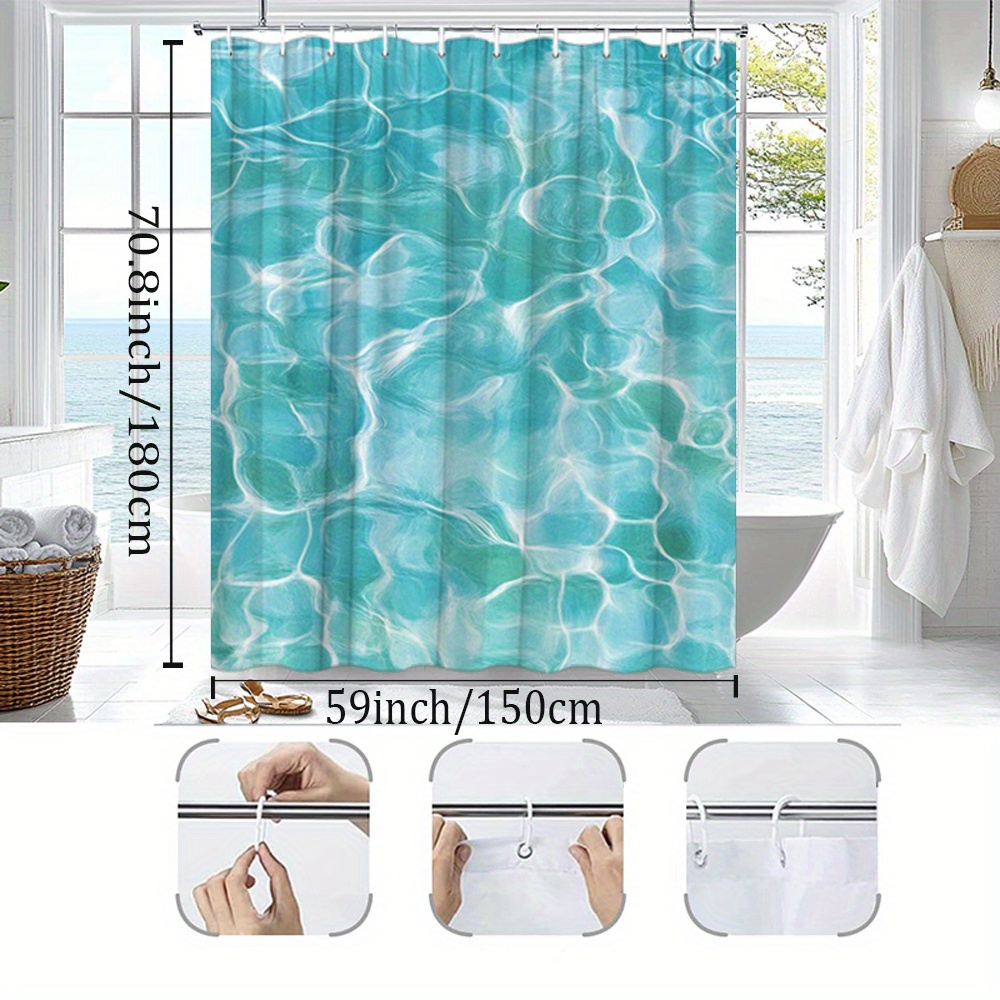TEMU 1pc Turquoise Water Photograph Shower Curtain Clear Water Light Reflection Abstract Texture Calm Refreshing Scene Bathtub Curtain Hooks