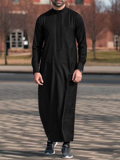 2026 mens robe for muslims borders plain color basic long sleeves upright collar relaxed fit saudi islamic thobe