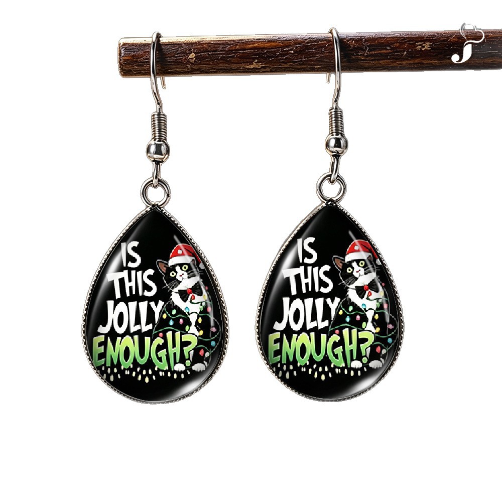 Teardrop-Shaped Glass Dangle Earrings with Christmas Cat Pattern