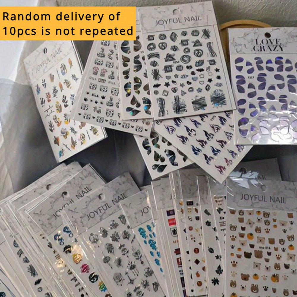 Image of 10pcs Mixed 3d Glitter Nail Stickers Featuring Flowers, Butterflies, Animals, Plants, Lines, And Other Patterns, Suitable For Diy Nail Decorations, Nail Supplies, And Nail Salons.