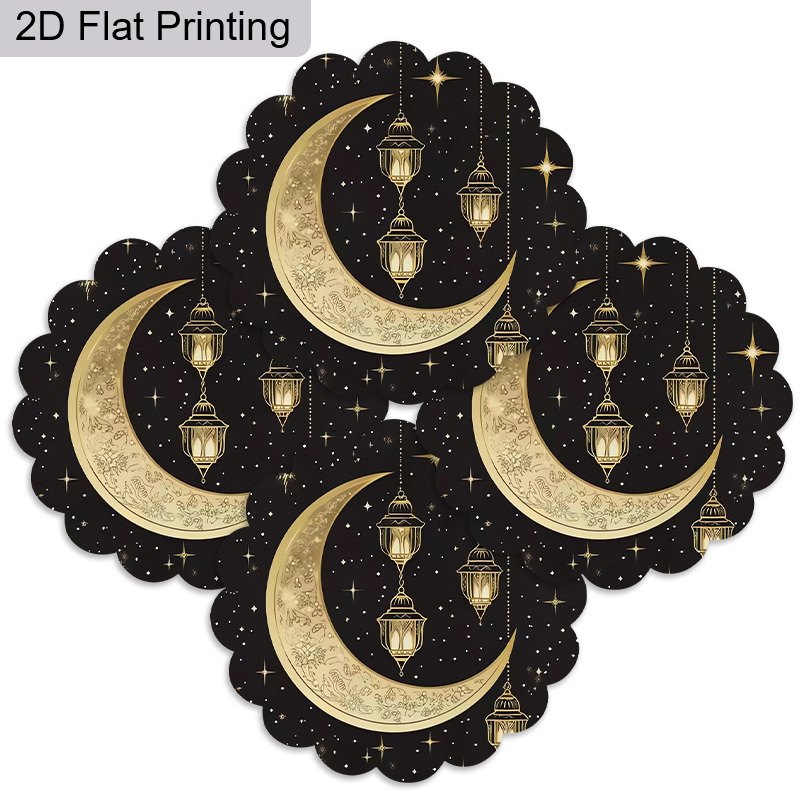 TEMU 2d Flat 4pcs Ramadan Black Placemats Set, Crescent Lantern, Star Placemats, Exquisite Ramadan Placemats And Coasters, Festival Party Table