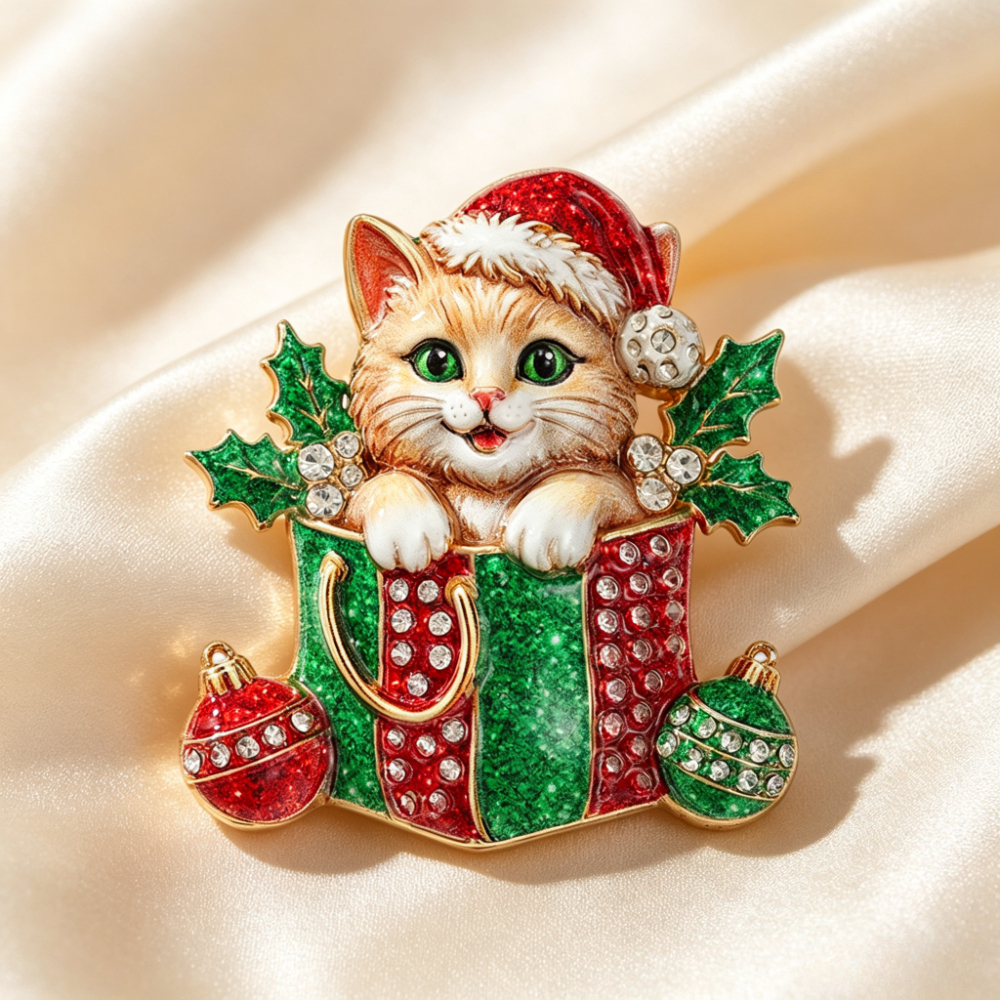 TEMU Gatto Vintage con Strass, Confezione Regalo di Natale in Metallo con Gattino, Accessori per Cappotti Sciarpe Borse da Donna, Abbigliamento