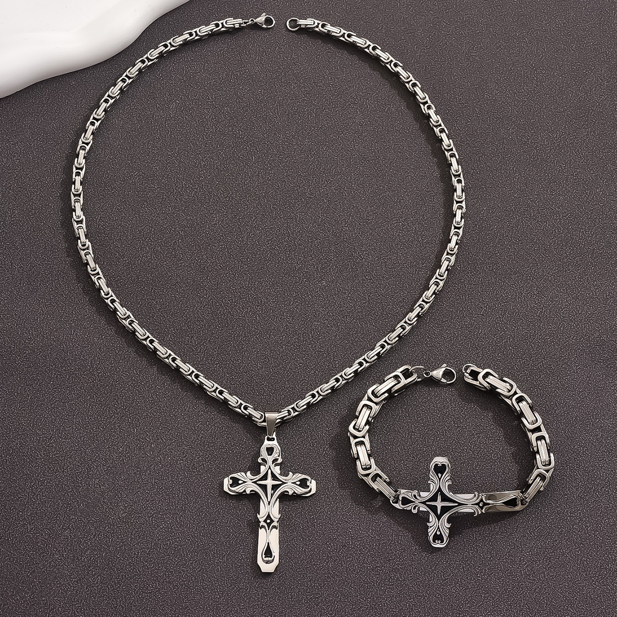 Stainless Steel Cuban Chain Necklace and Bracelet Set Image 6