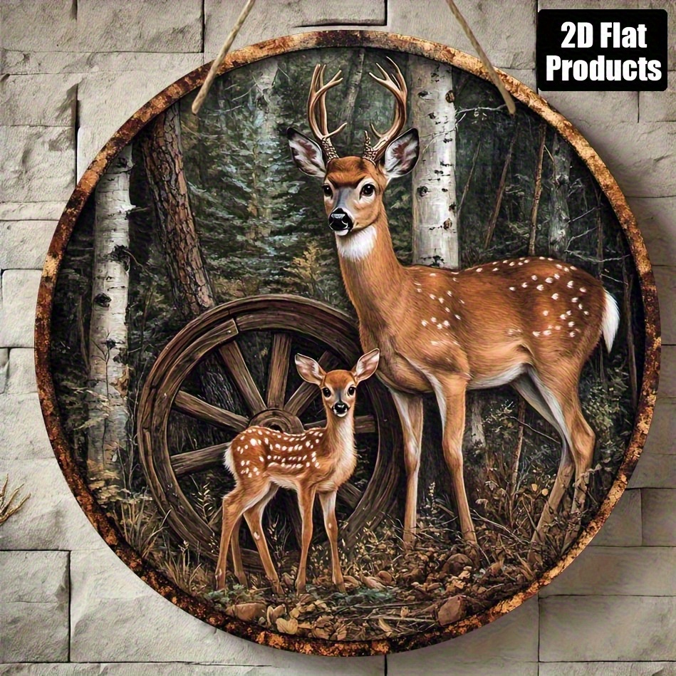 TEMU Plat 2D, 1 pièce Panneau mural rond en bois style rustique cerf et forêt - 8x8 pouces (20,32x20,32 cm) Plat 2D imprimé, Décoration pour maison,