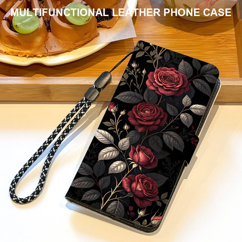 TEMU Phone Case - Red Rose Pattern Magnetic Flip Wallet Phone Case, With Card Slot, Lanyard And Foldable Stand, Suitable For Galaxy S25 Plus/s25