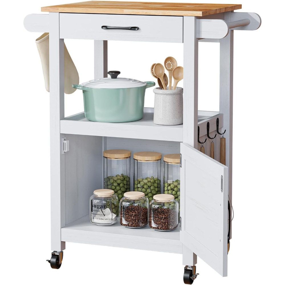 TEMU Bonnlo Serving Cart With Wheels | Kitchen Cart With Worktop And Drawers, Barn Door Design In Black, Wood Relief, Metal Handle, Board, 74x63x89cm