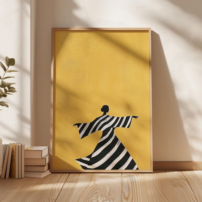 TEMU 2d Flat, 2d Flat, 1pc 2d Flat Minimalist Female Art Poster With Black And White Striped Wall Art, Unframed Canvas Print Suitable For Various