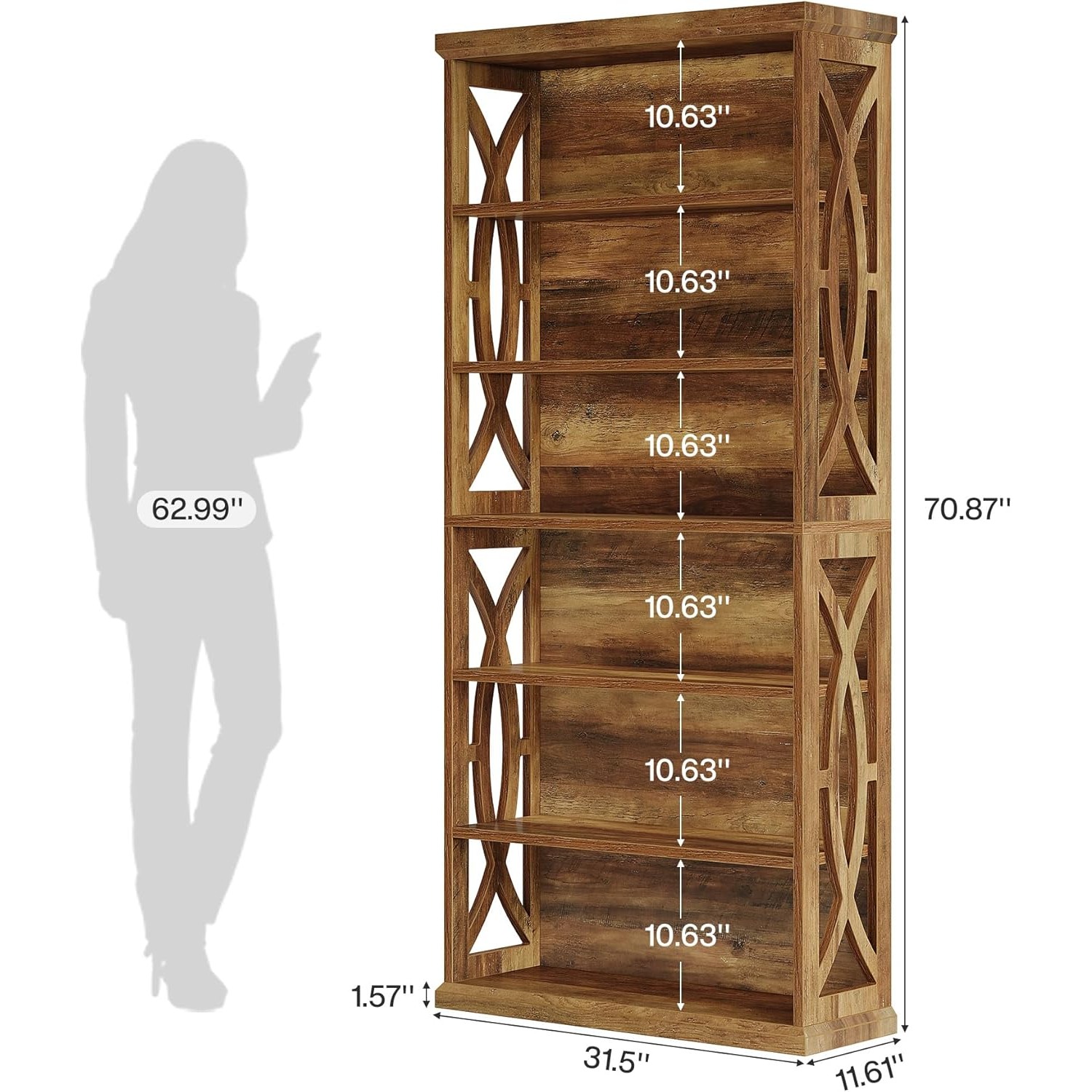 71 Inch Rustic Brown 6-tier Bookshelf, Freestanding Tall Bookcase Large Industrial Display Shelves For Living Room Christmas Decor (1pc)