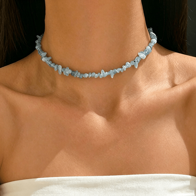 TEMU 1pc And Unique Blue Irregular Pebble Choker Necklace, Everyday Versatile Seaside Blue Synthetic Turquoise Necklace, Women's Fashion Choker