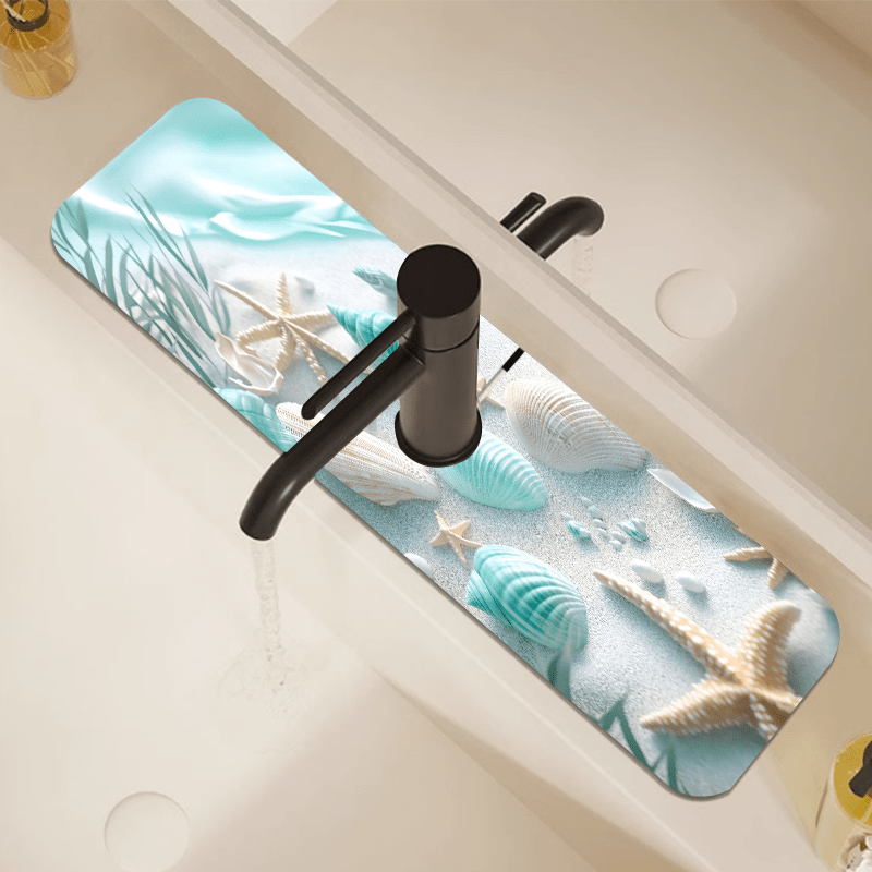 Image of 1pc Seashell Starfish Theme Faucet Mat, Tableware Drying Mat, Absorbent Pad, For Home Washbasin Kitchen Sink, Drainage Mat, Table Mat, Ideal For Home Decor And Gifts
