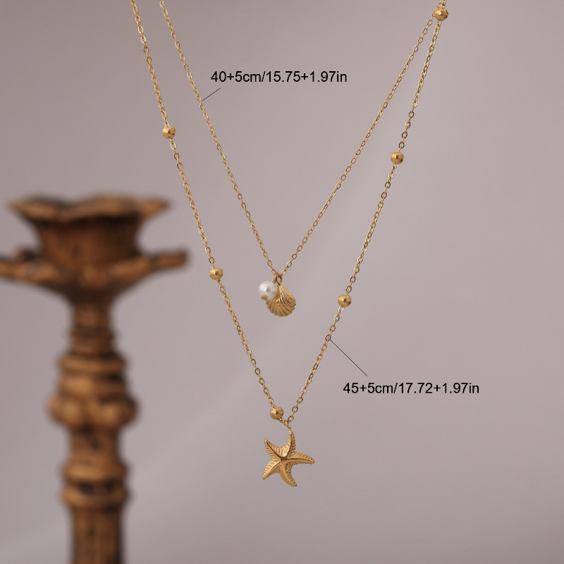 Double Layer Beach Necklace with Shell & Starfish Pendant, Unisex