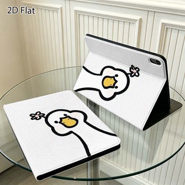 Funda para Tablet Plana 2D de Pato de Dibujos Animados con Flor para Apple para iPad Air Mini 1 2 3 4 5 6 11 13 10Th 11Th M2 M4 Pro Air4 11 Gen 9.7 11 10.2 10.5 10.9 12.9 13 Pulgadas Auto Wake/Sleep Funda Plegable para Tablet Protección de Cuerpo Completo Funda a Prueba de Golpes 1 unidad