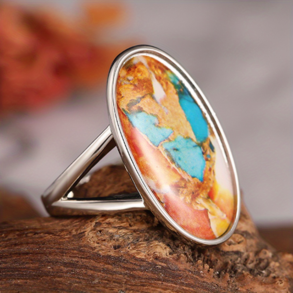 E-shop 2D Flach, 2D Flach – Vintage Farbmuster Ovale Ringe für Frauen, Party Urlaub Bohemia Ringe Schmuck Geschenk, 2D Flach