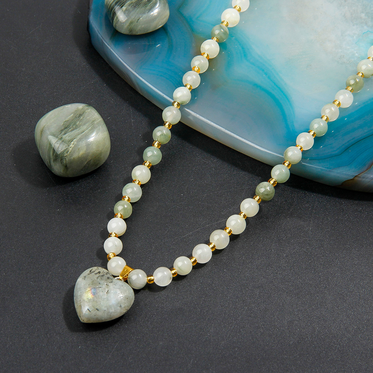 Natural Stone Beaded Necklace with Heart-shaped Stone Pendant