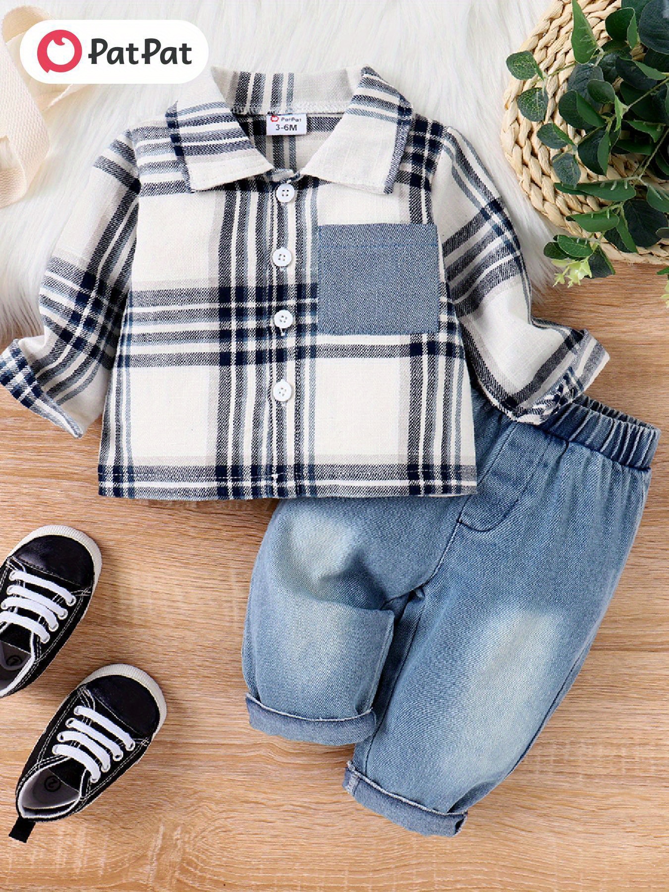 PatPat 2pcs Baby Boy Outfit: Plaid Long-Sleeve Shirt with Patch Pocket & Elastic Denim Jeans Set - Machine Washable, Ideal for Spring/Fall, Baby Boy Clothes, Perfect for Outdoor