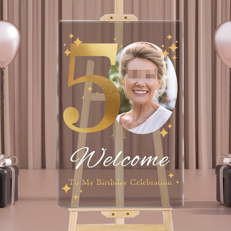 2d flat 50th birthday anniversary custom acrylic welcome sign 16x24 inch personalized elegant   decoration with photo frame custom text stars indoor outdoor tabletop decor no stand needed welcome sign for front door sophisticated design clear vibrant display 0