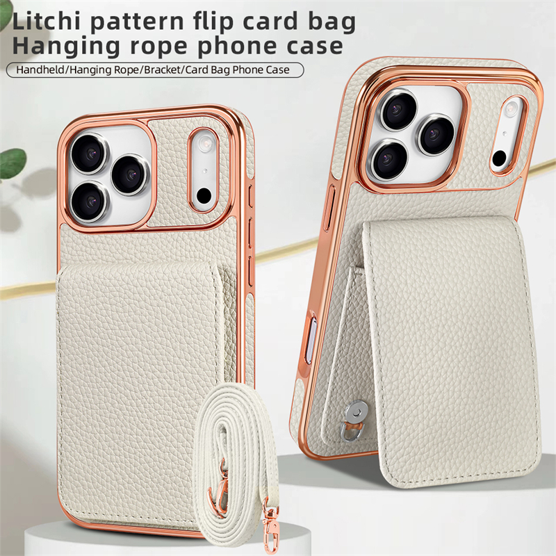 Phone Case: Business PU Lychee Texture Flip Cover Card Holder with Multiple Card Slots, Stand Function, Crossbody Strap, and Full-Body Protective Case with Plated Frame for Apple iPhone 17 Pro Max/17 Pro/17 Air/17