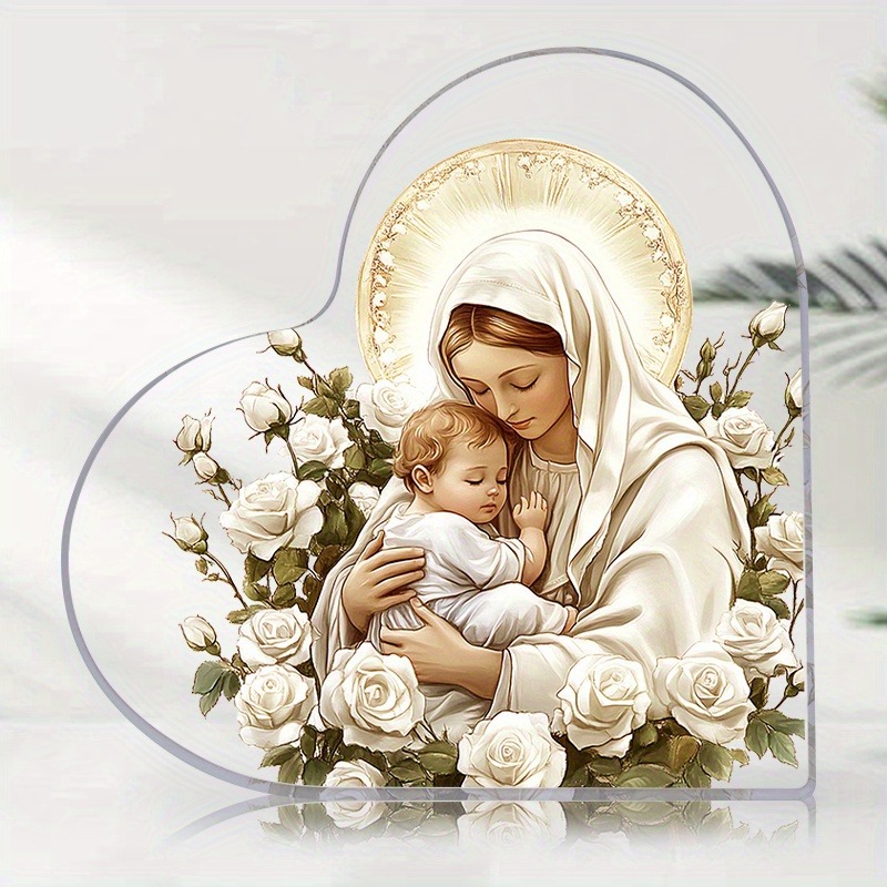 TEMU 2d Flat, 2d Flat Jesus & Mary Acrylic Ornament - Heart-shaped Desktop Plaque With White Roses, Bohemian-style Spiritual Wall-free Decor For -