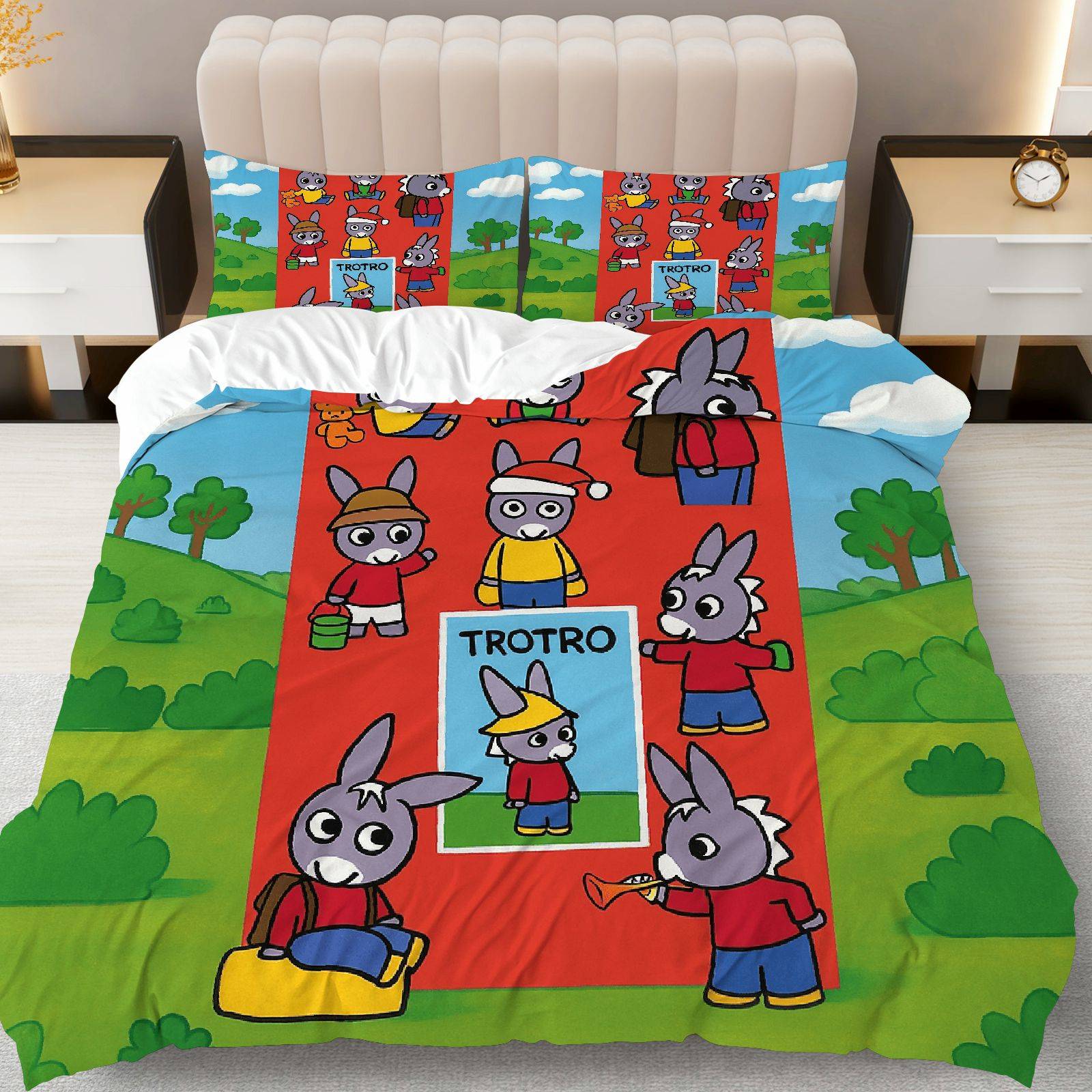 TEMU 3 pièces Housse de Couette, 1 Couette + 2 Taies d'Oreiller ( Garnissage), Thème Amusant Ferme Animaux Vert Rouge, Ensemble de Literie