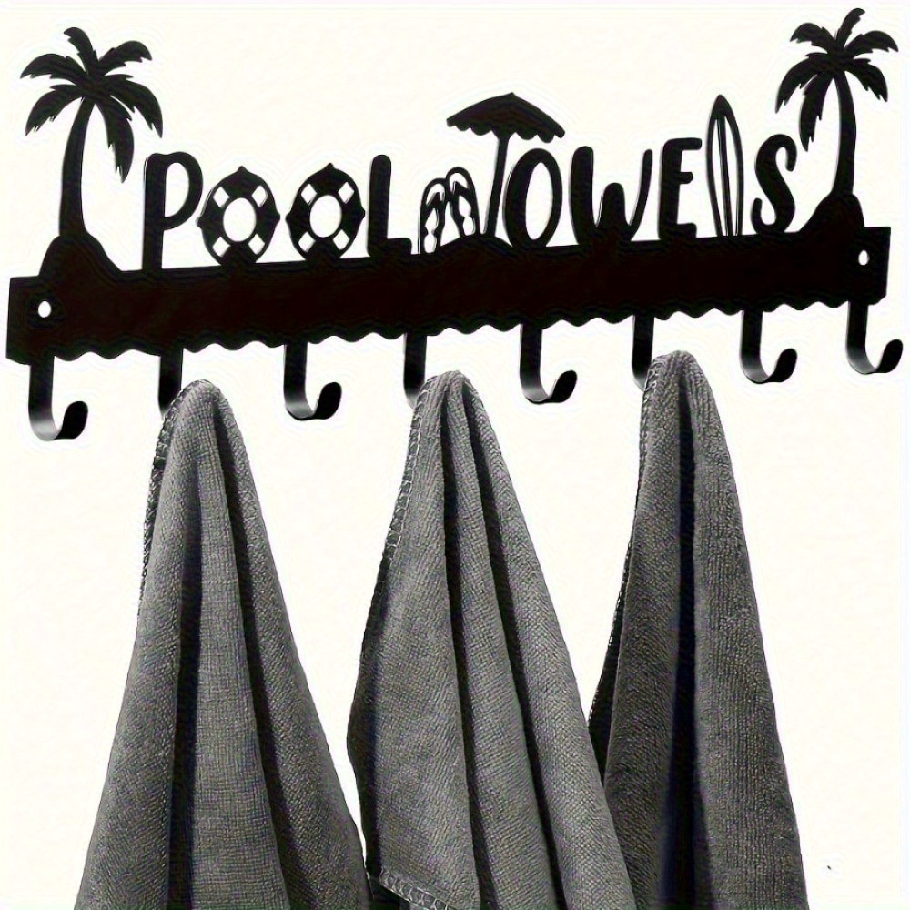 TEMU 1pc 8-hook Metal Pool Towel Rack - Wall-mounted, Rust-resistant Black Finish With Tree And For Organizing Towels, Robes, Swimwear & Accessories