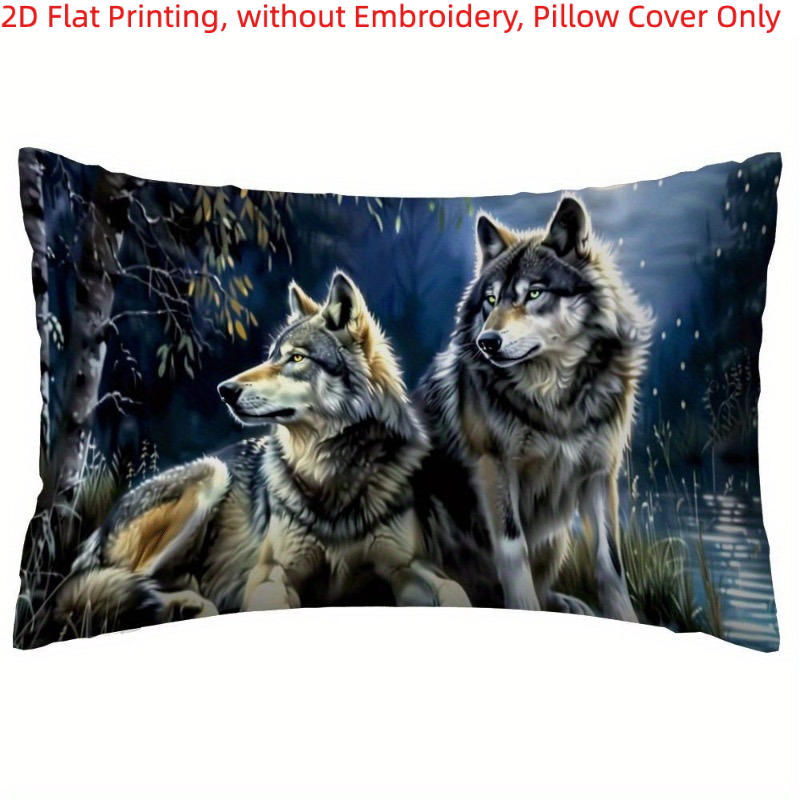 TEMU 1 pièce, Impression 2D à plat, Housse de coussin imprimée 2D Loup et de de la Forêt, Décoration de la Forêt Sauvage, Impression sur une seule