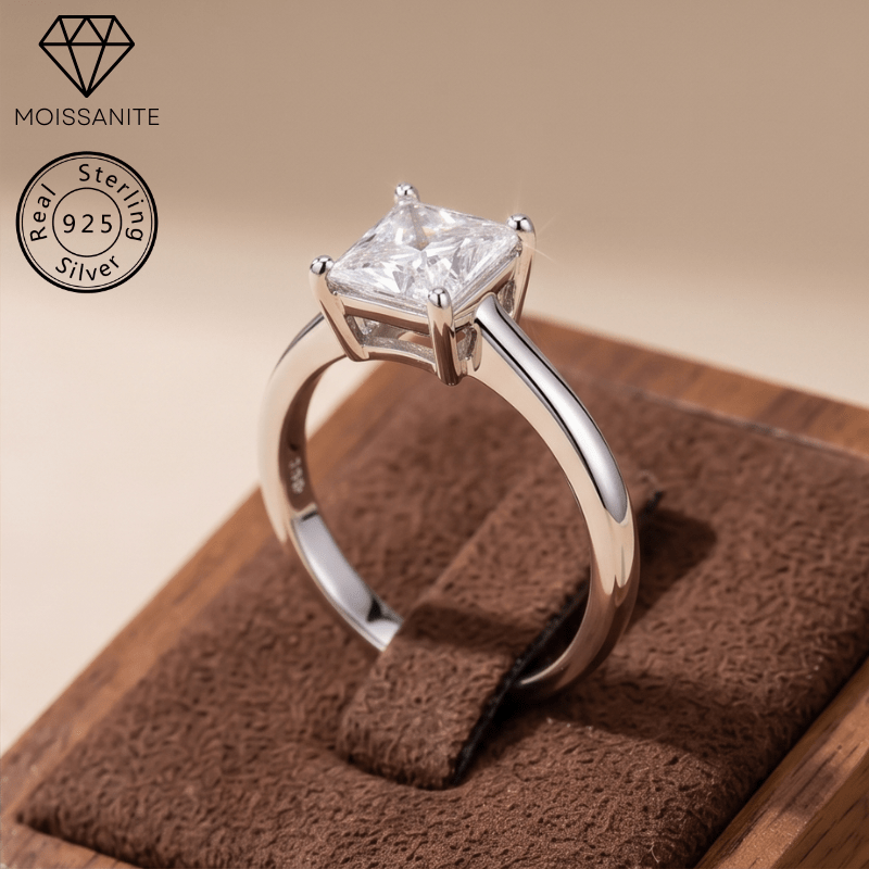 1pc 1.0 Carat 925 Silver Elegant Princess Cut Moissanite Ring