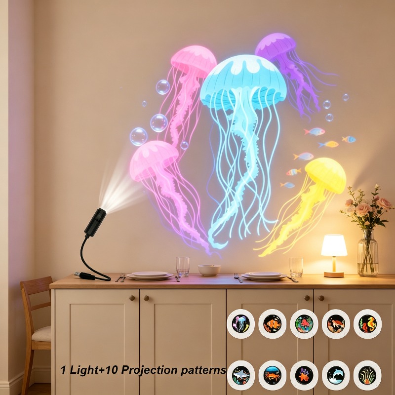 TEMU Usb Flexible Hose Led Ambient Projection Night Light, Dual Themes Of And Starry Space, Includes 10 Replaceable Projection Films, Mini Portable