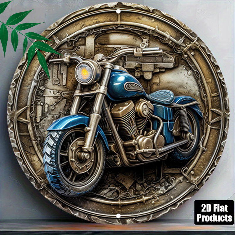 TEMU 2d Flat, 2d Flat 1pc Motorcycle Round Decor,industrial Vibes Round Plaque,vintage Workshop Holiday Decorative Plaques,blue Chrome Round Plaque,