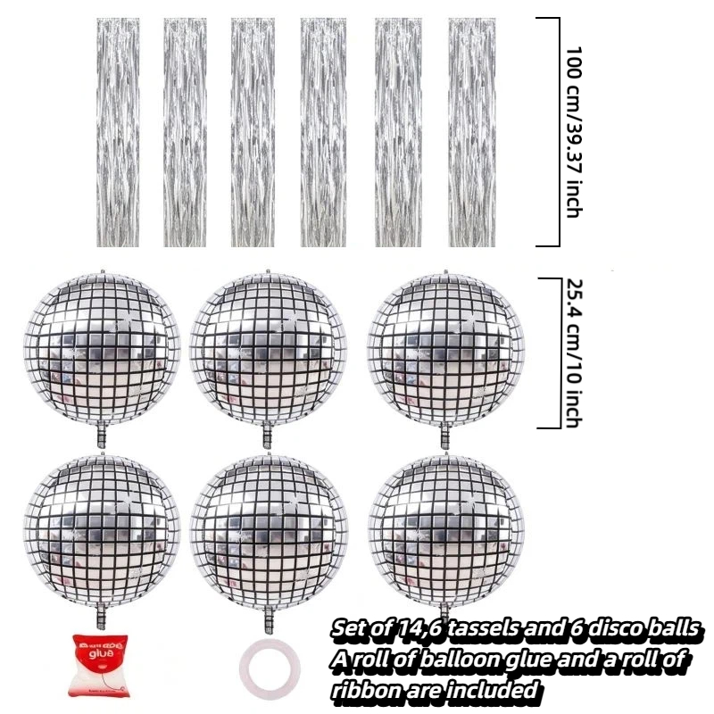 TEMU 14pcs Disco Ball Balloon Set With Silvery Tassels, 4d Mirror Metallic Foil Balloons, Hanging Party Decoration Accessories For Themed, Birthday,