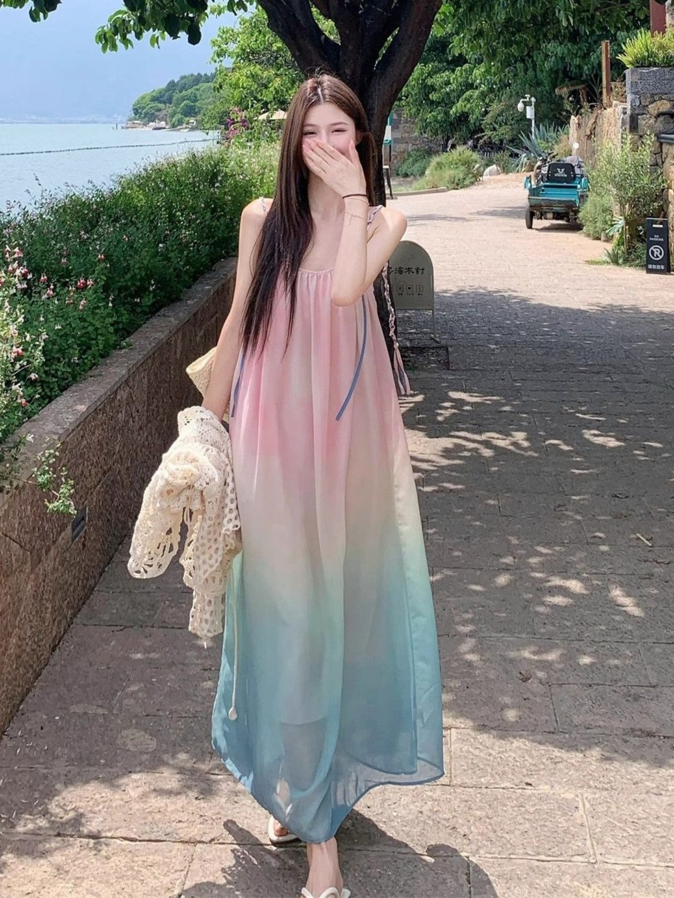elegant korean style gradient beach dress sleeveless long - Temu Oman