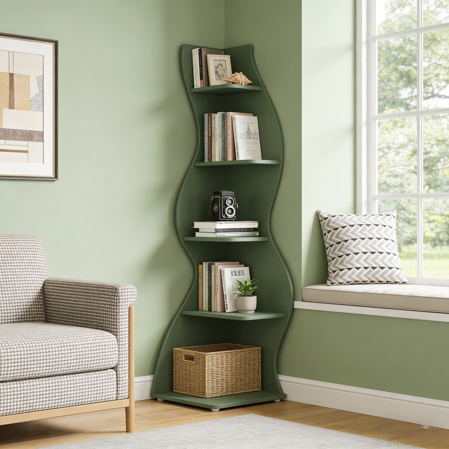 E-shop 5-stöckiges, gewelltes Eckregal | Moderner, geschwungener Bücherregal, einzigartiger Pflanzenständer und Display-Rack, platzsparender
