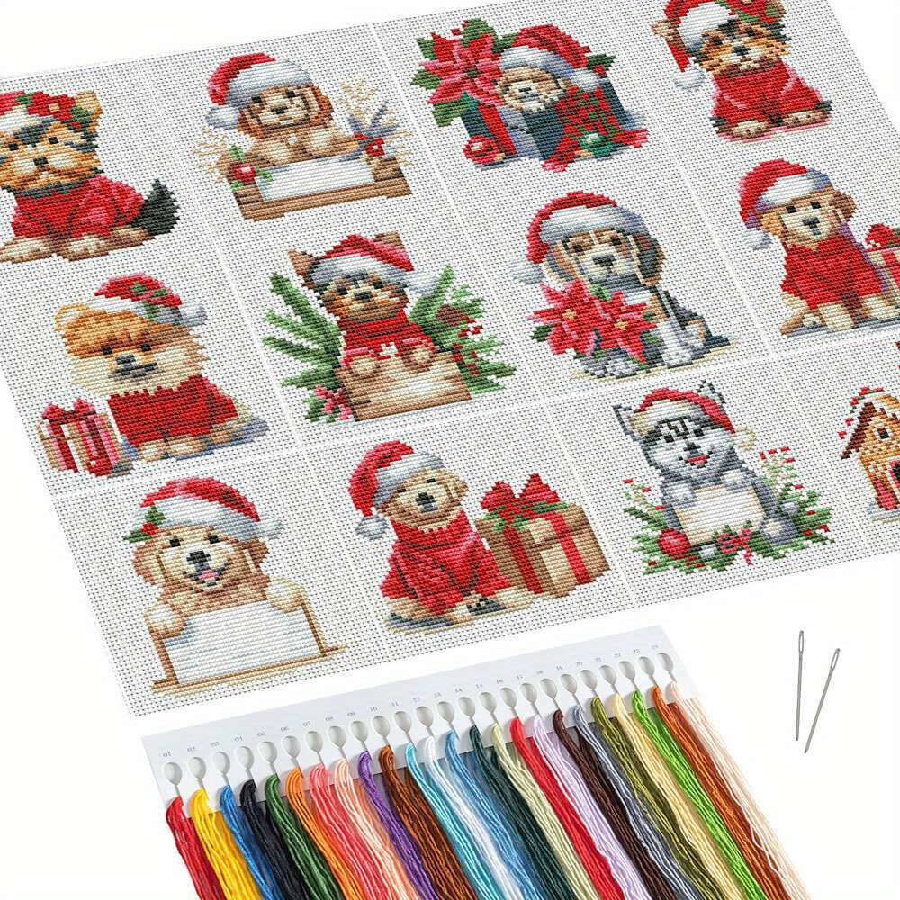 TEMU A Set Of 12 Embroidery Kits Featuring Dog And Animal Designs On Canvas, Perfect For Beginners Looking To Create Christmas-themed Decorations Or