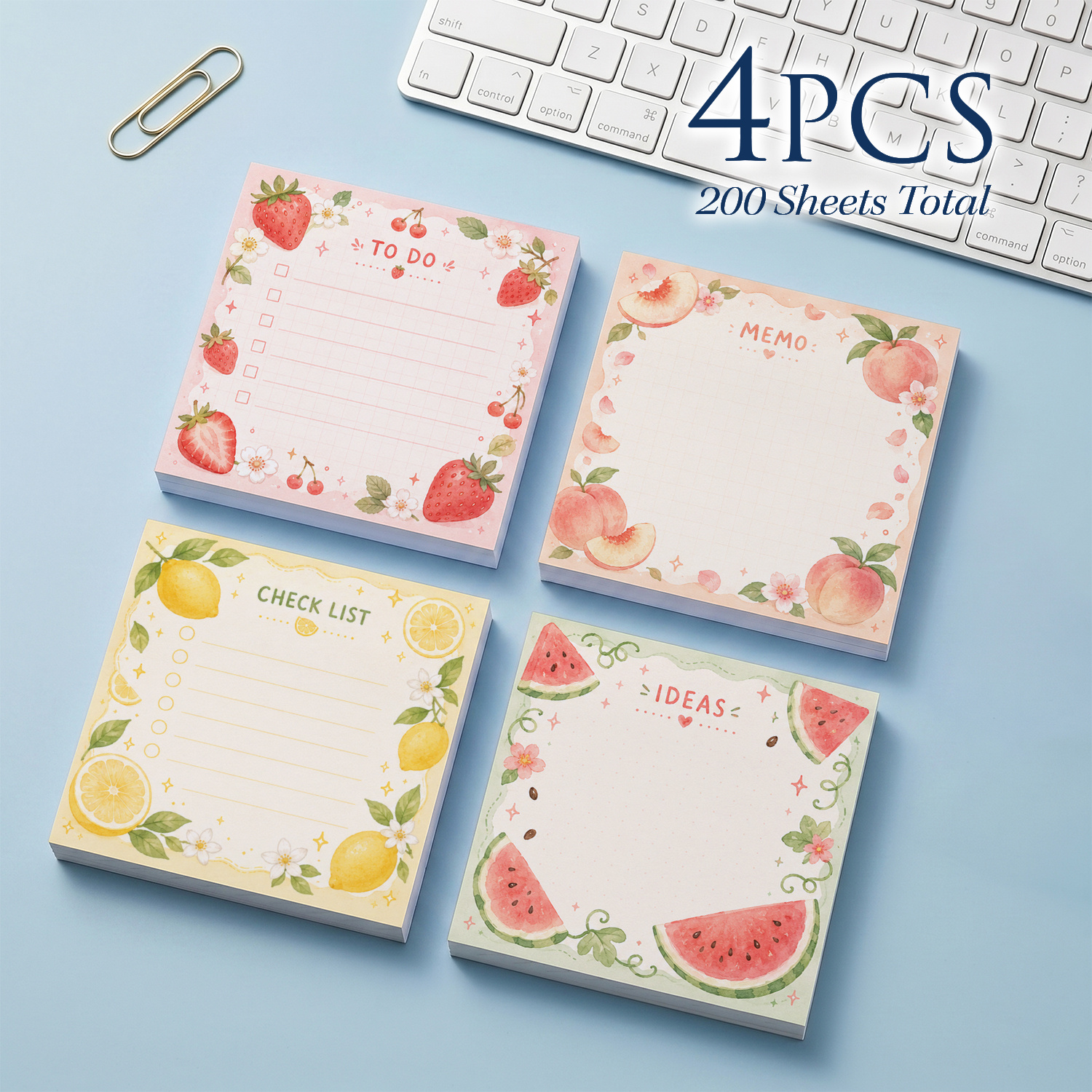 TEMU Ensemble de 4 blocs de notes autocollantes aquarelle sur le thème des fruits, fraises, pêches, citrons et , 200 feuilles au total, blocs-notes