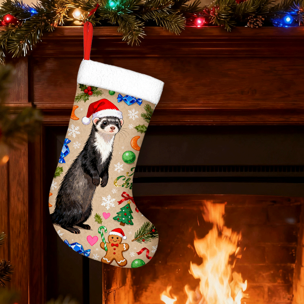 2d Flat, 1pc, (12inch X 18inch), Christmas Ferret Christmas Stocking, Ferret With Santa Hat On Beige Background, Sweet Holiday Accessory, Nice For Christmas Gift Display Or Gifting To Ferret Fans
