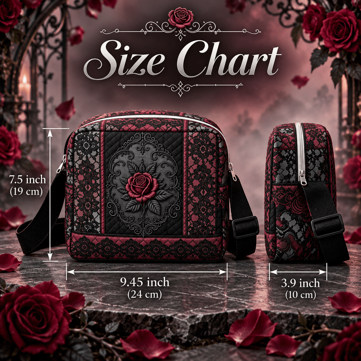 TEMU Gothic Retro Rose Quilted Crossbody Bag Suitable For , Detachable Strap Zipper Closure Small Shoulder Purse, Multicolor Floral Print Handbag For