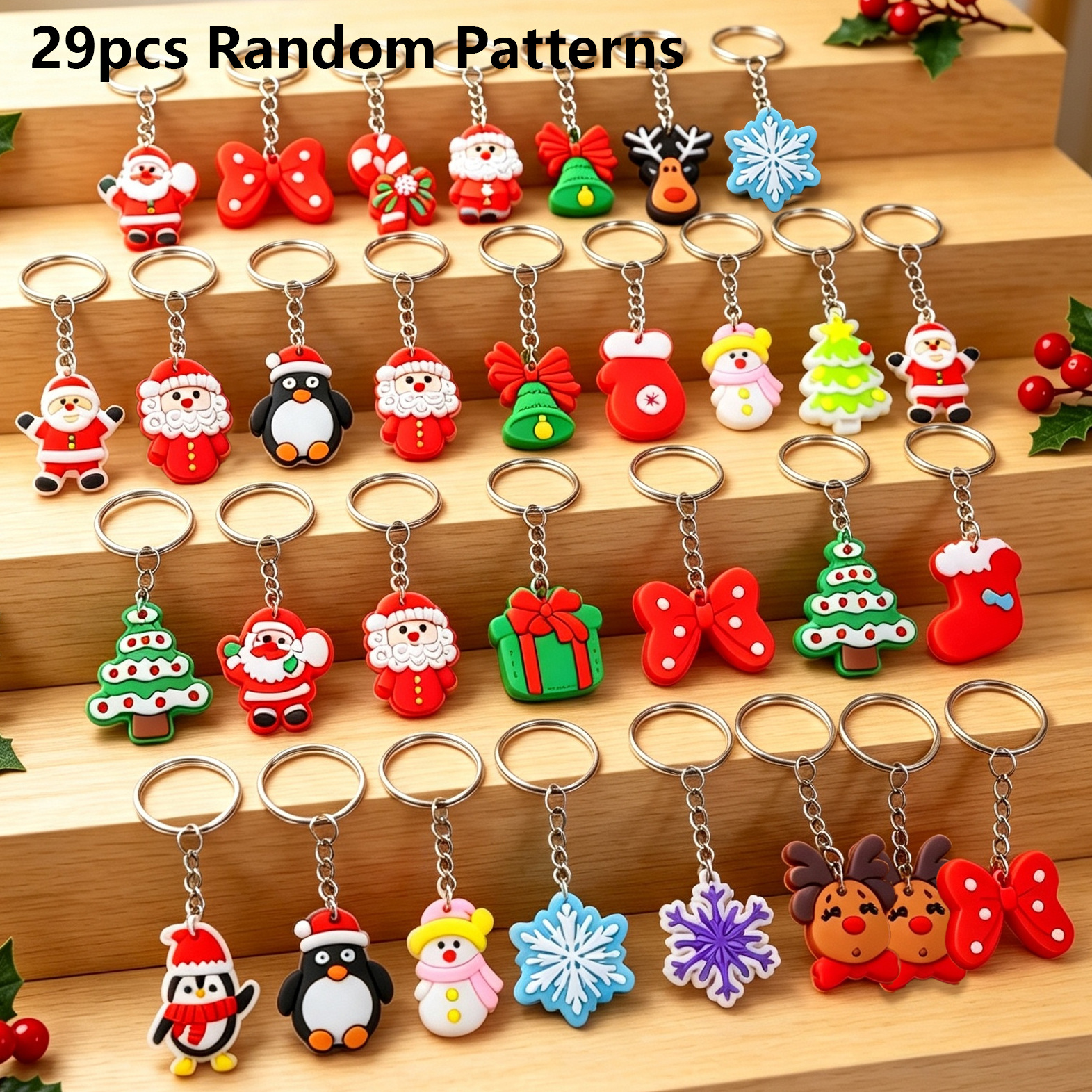 TEMU 2d Flat, 29pcs Christmas Keyring Keychain Set | Random Patterns 2d Flat Christmas Designs, Santa Claus, Reindeer, Snowman, Christmas Tree, And