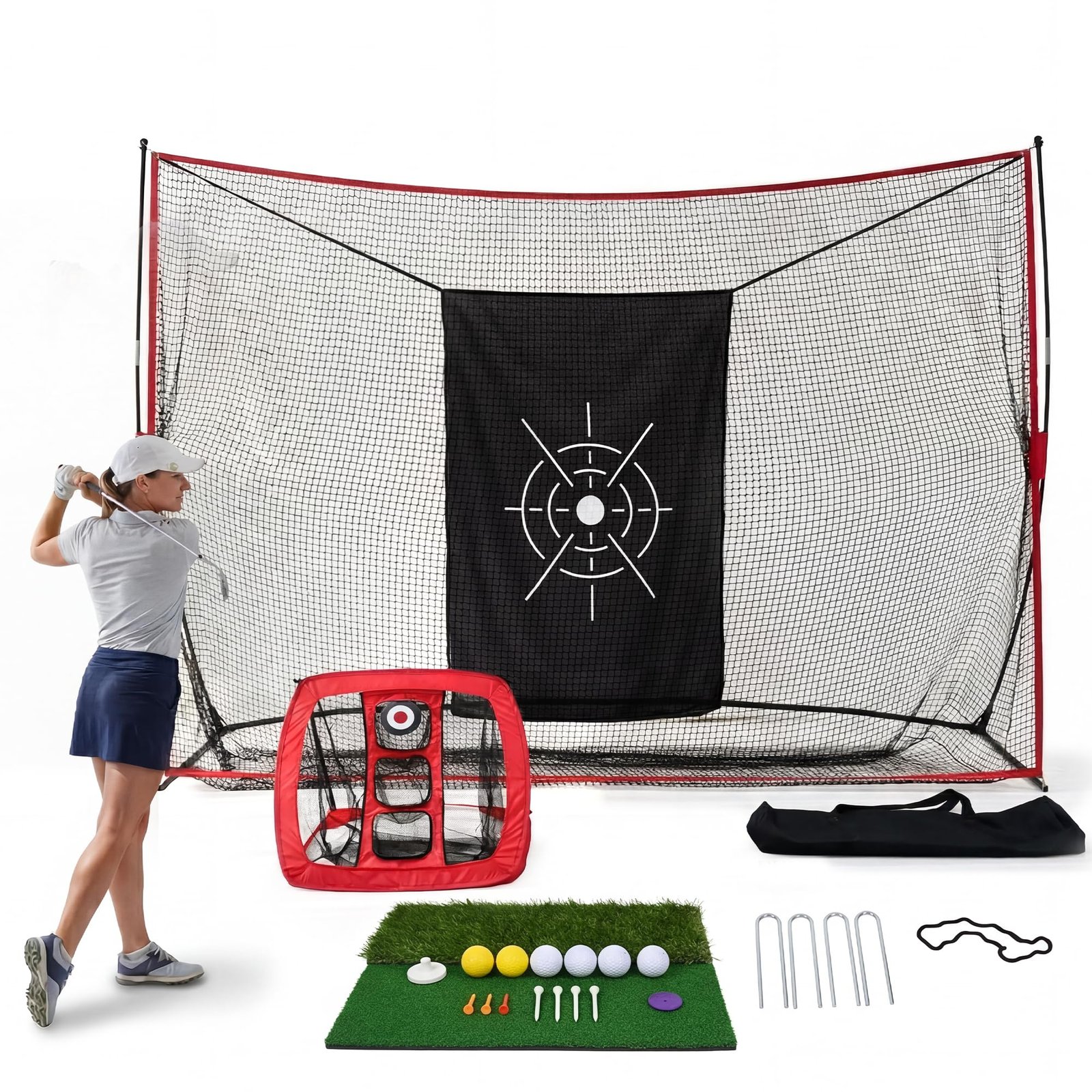 10x7ft golf   layer durable golf practice net with chipping goal   poles mat balls tees carry bag outdoor golf hitting net for backyard driving   balls