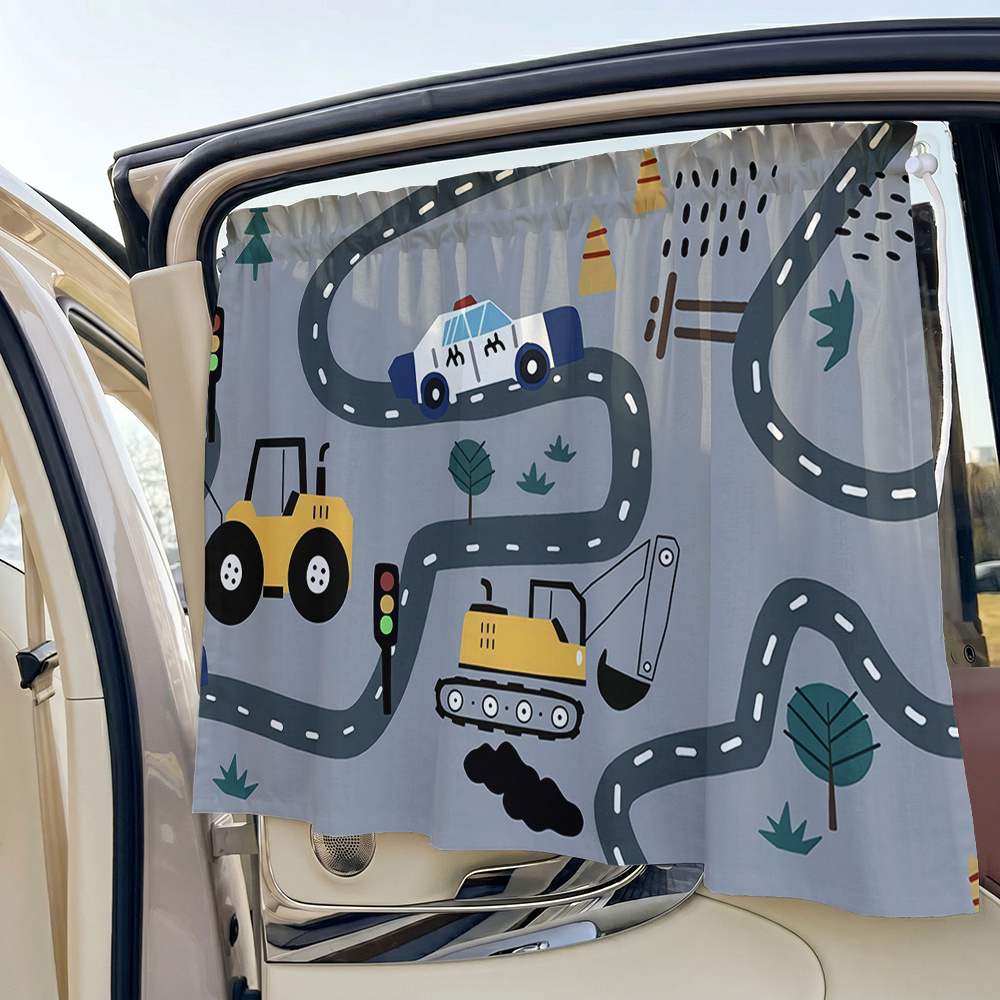 TEMU 1pc Car Sunshade, Cartoon Vehicle Road Print Adjustable Car Sunshade, Suction Cup Car Interior Window Side Curtain, Summer Sun Protection And